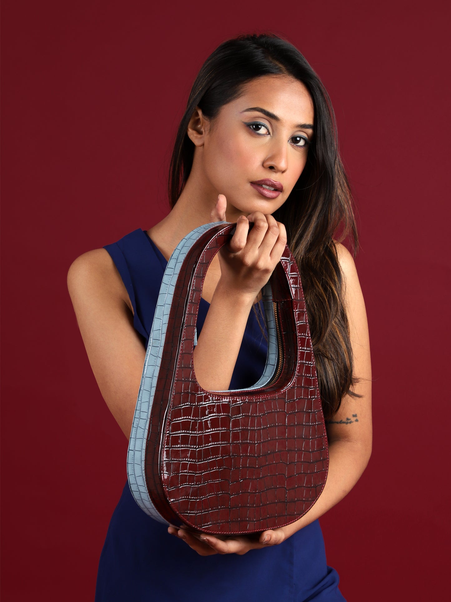 BELL Two Color Croco Finish Structured Handbag | Modern Myth